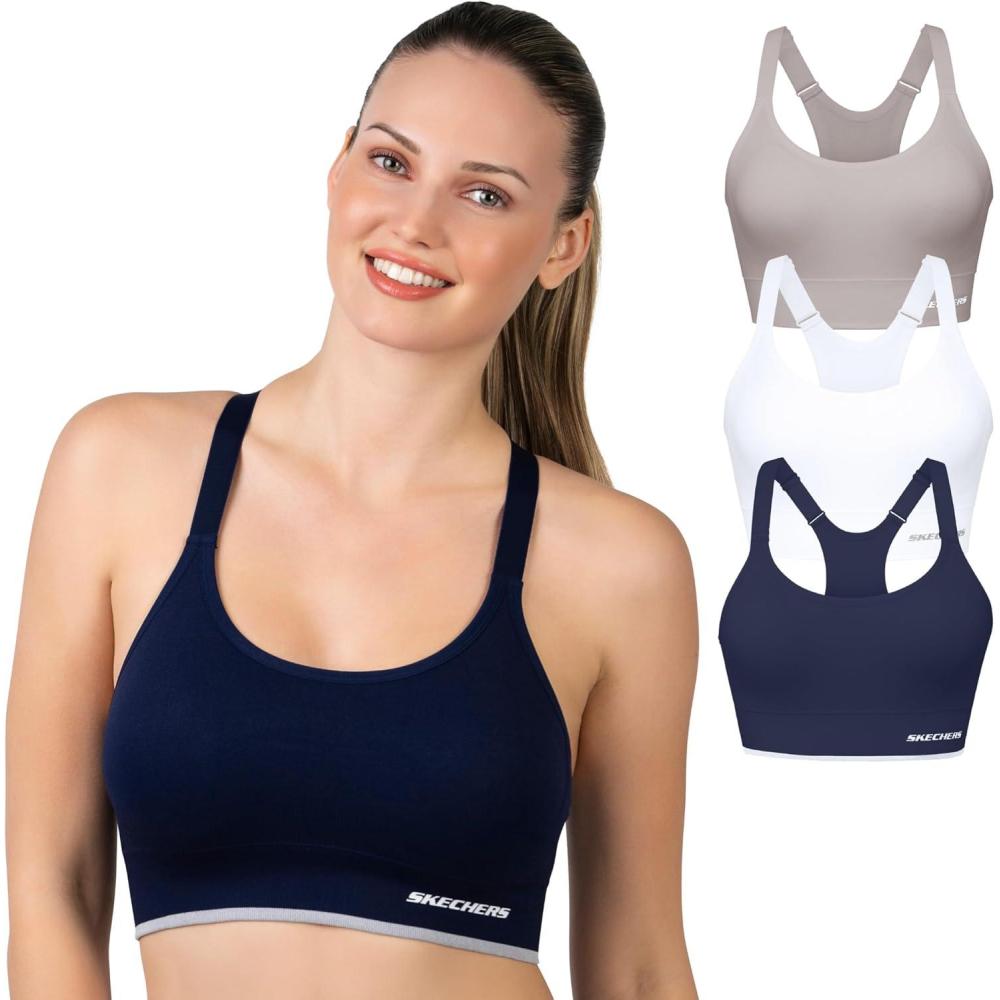 imageSkechers 3 Pack Womens Sports Bra Sostn Deportivo Racerback Keyhole Athletic Yoga MultipackAshBright WhiteNaval