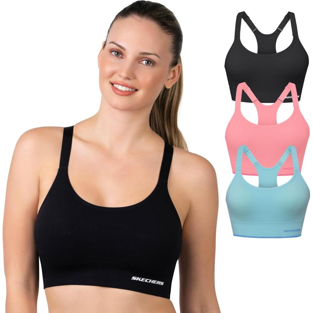 imageSkechers 3 Pack Womens Sports Bra Sostn Deportivo Racerback Keyhole Athletic Yoga MultipackBlackFlamingoGulf