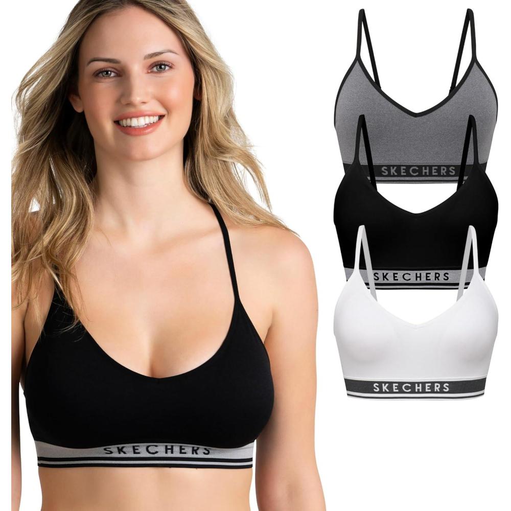 imageSkechers 3 Pack Womens Sports Bra Sujetador Deportivo Seamless Bralette Yoga Athletic WorkoutBlack BeautySleetBright White