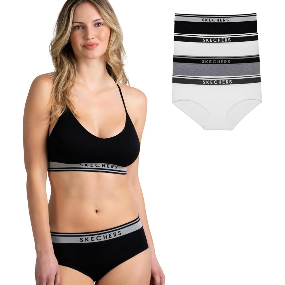 imageSkechers 4 Pack Womens Undwear Solid Seamless Panty with Logo Ropa Interior Sin Costuras Moisture WickingBlackGreyLightWhite
