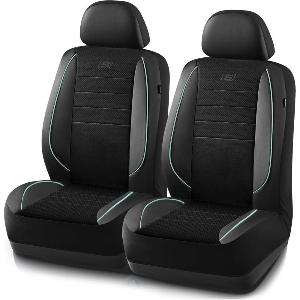 imageSkechers AirCooled Memory Foam Seat CoversMesh Thick Car Seat CoversPiping Leather Car Seat Covers Front SeatsAirbag CompatibleAutomotive Comfort Universal FitMost CarsVansTruckSUVBlackBlack and Mint