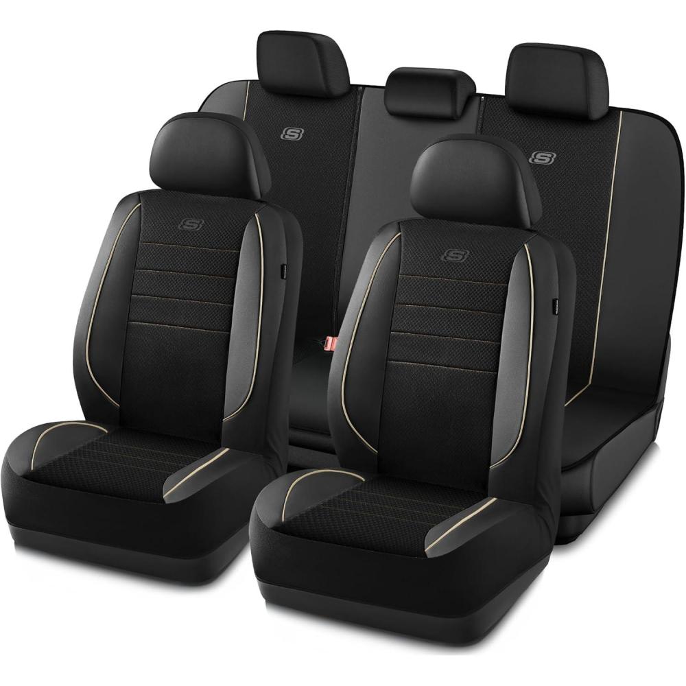 imageSkechers AirCooled Memory Foam Seat CoversMesh Thick Car Seat CoversPiping Leather Car Seat Covers Front SeatsAirbag CompatibleAutomotive Comfort Universal FitMost CarsVansTruckSUVBlackBlack  Beige