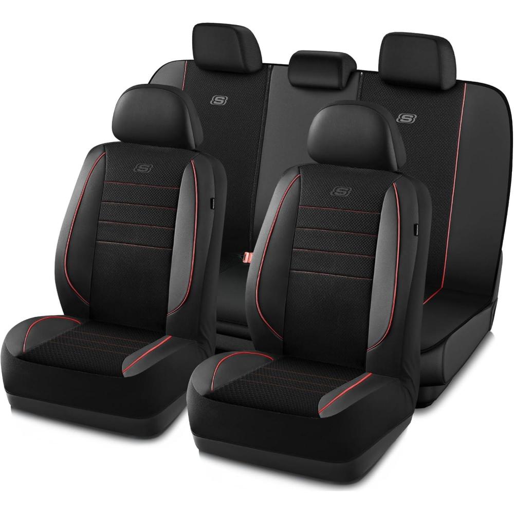 imageSkechers AirCooled Memory Foam Seat CoversMesh Thick Car Seat CoversPiping Leather Car Seat Covers Front SeatsAirbag CompatibleAutomotive Comfort Universal FitMost CarsVansTruckSUVBlackBlack  Red
