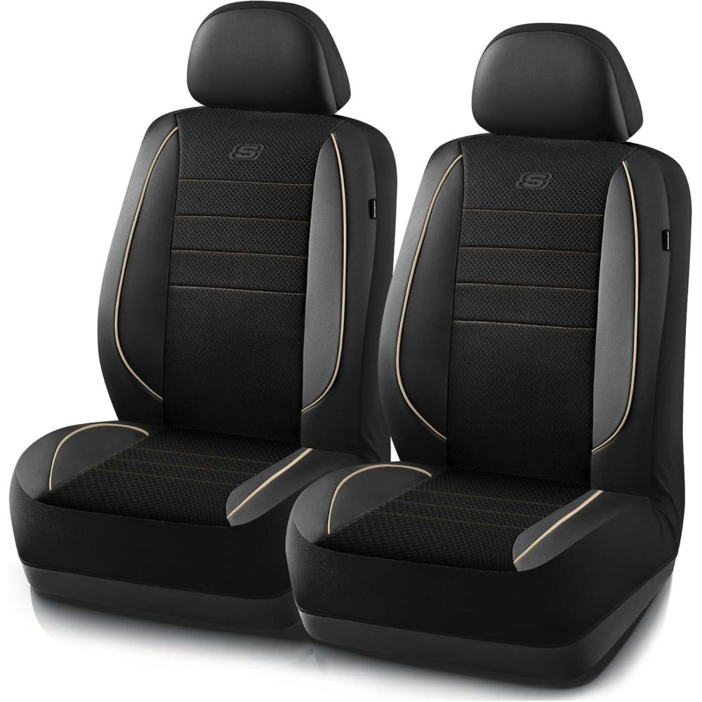 imageSkechers AirCooled Memory Foam Seat CoversMesh Thick Car Seat CoversPiping Leather Car Seat Covers Front SeatsAirbag CompatibleAutomotive Comfort Universal FitMost CarsVansTruckSUVBlackBlack and Beige