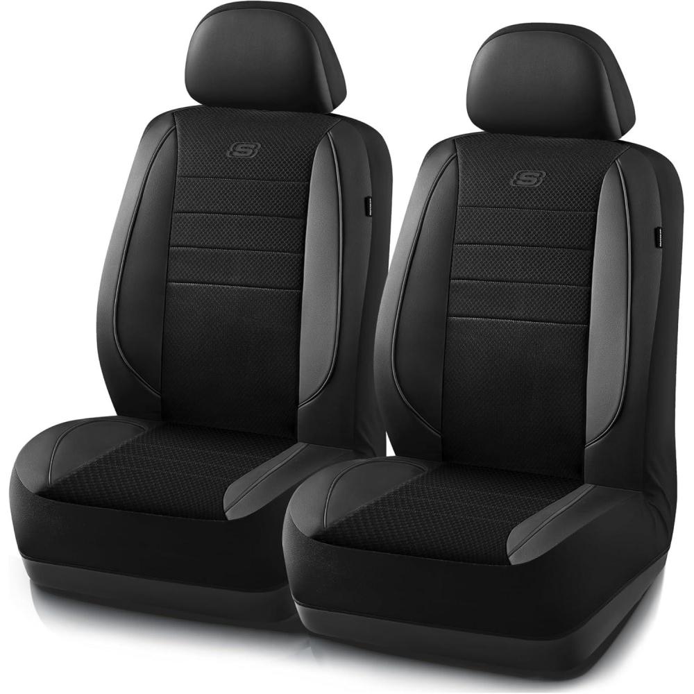 imageSkechers AirCooled Memory Foam Seat CoversMesh Thick Car Seat CoversPiping Leather Car Seat Covers Front SeatsAirbag CompatibleAutomotive Comfort Universal FitMost CarsVansTruckSUVBlackBlack and Black