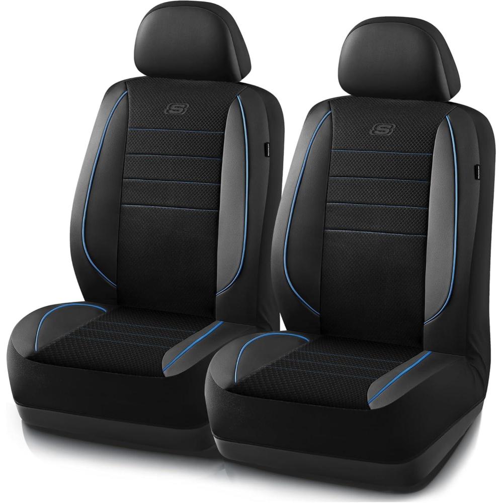 imageSkechers AirCooled Memory Foam Seat CoversMesh Thick Car Seat CoversPiping Leather Car Seat Covers Front SeatsAirbag CompatibleAutomotive Comfort Universal FitMost CarsVansTruckSUVBlackBlack and BLue