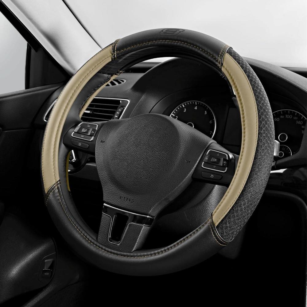 imageSkechers AirCooled Steering Wheel CoverLeather Car Steering Wheel Cover Universal Fit 14quot 1215quot Car Wheel Protector for Men Women Fit SuvsVansSedansCarTrucksBlackBeige