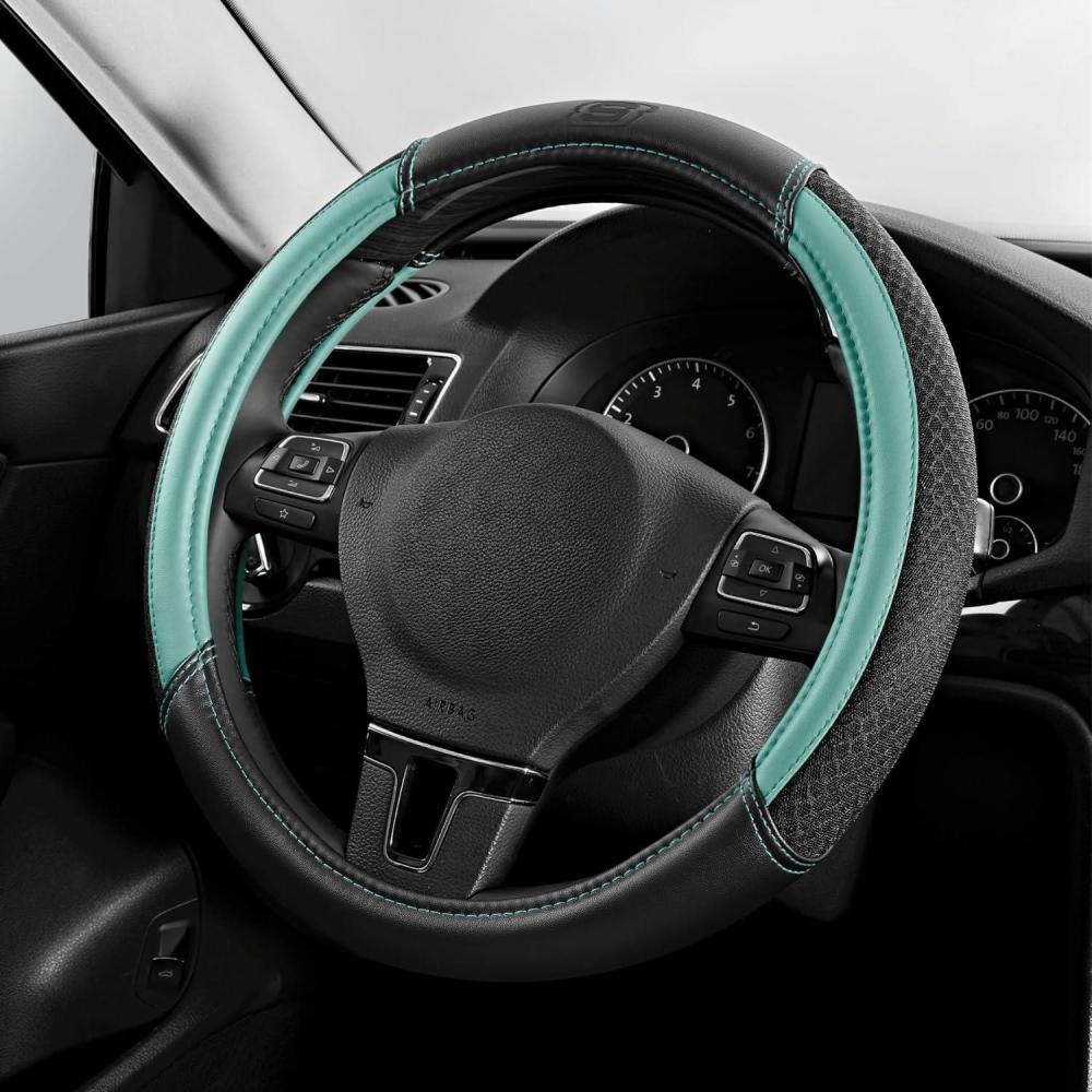 imageSkechers AirCooled Steering Wheel CoverLeather Car Steering Wheel Cover Universal Fit 14quot 1215quot Car Wheel Protector for Men Women Fit SuvsVansSedansCarTrucksBlackMint