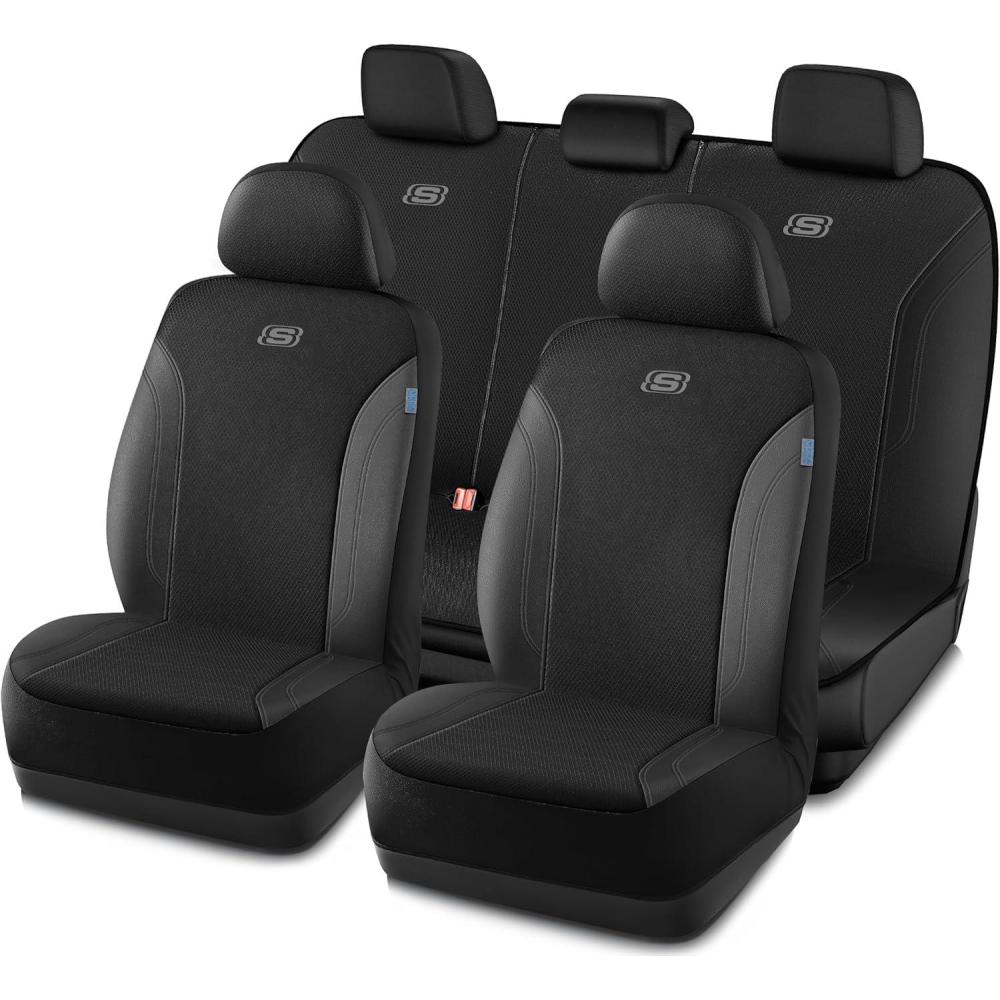 imageSkechers Car Seat Covers Work Leather Seat Covers 5Times Stronger Builtin Webbing Oxford Fabric Front Seat Cover Airbag Compatible Automotive Comfort for Cars Trucks SUVsBlackBlackBlack