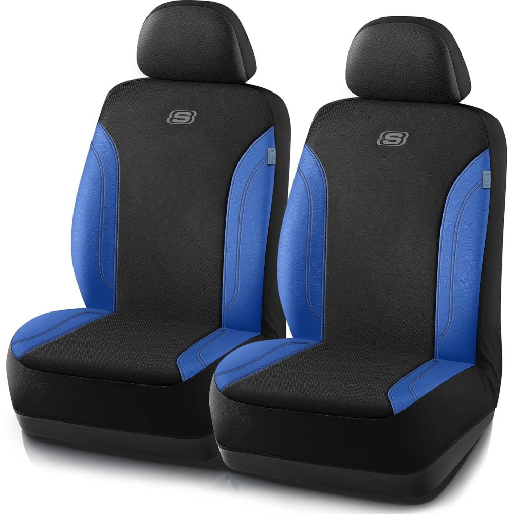 imageSkechers Car Seat Covers Work Leather Seat Covers 5Times Stronger Builtin Webbing Oxford Fabric Front Seat Cover Airbag Compatible Automotive Comfort for Cars Trucks SUVsBlackBlack and Blue