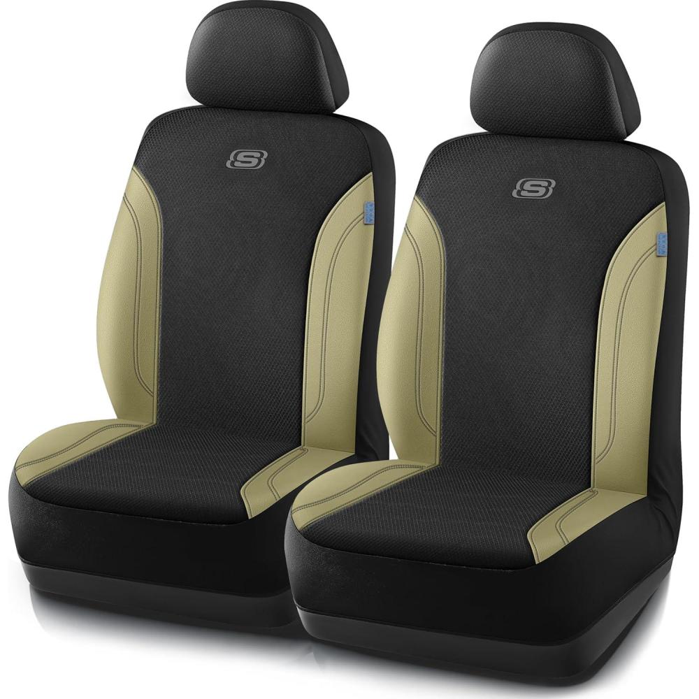 imageSkechers Car Seat Covers Work Leather Seat Covers 5Times Stronger Builtin Webbing Oxford Fabric Front Seat Cover Airbag Compatible Automotive Comfort for Cars Trucks SUVsBlackBlack and Beige