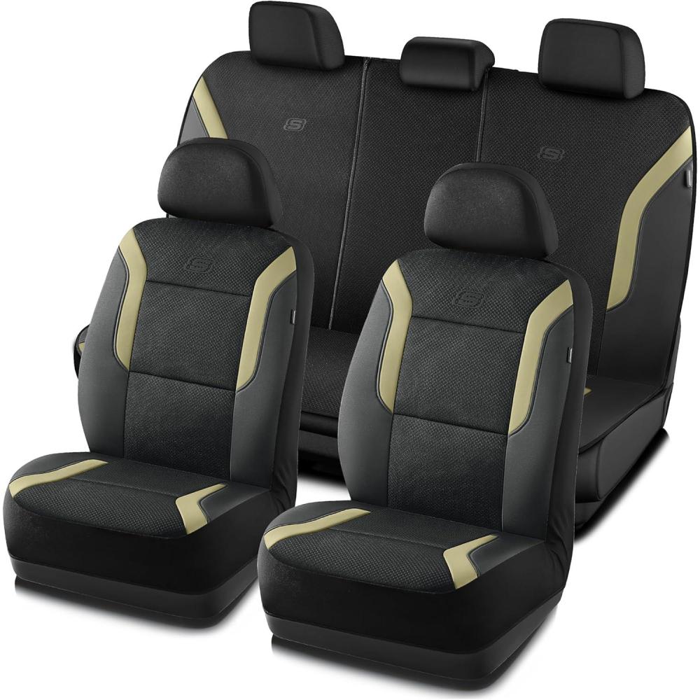 imageSkechers Memory Foam Car Seat Covers Air Cool Mesh Thick Seat Covers Car Seat Cover Full Sets Airbag Compatible Automotive Comfort Protection for Most CarsVansTrucks SUVsBlueBlackBeige