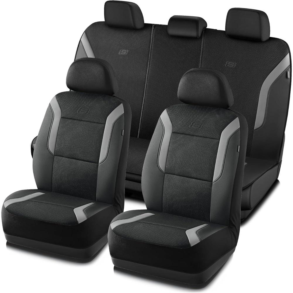imageSkechers Memory Foam Car Seat Covers Air Cool Mesh Thick Seat Covers Car Seat Cover Full Sets Airbag Compatible Automotive Comfort Protection for Most CarsVansTrucks SUVsBlueBlackGrey