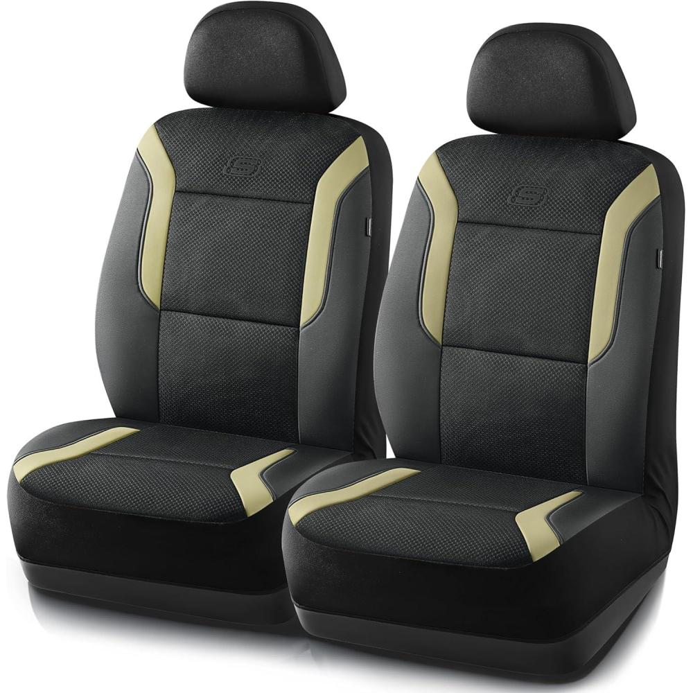 imageSkechers Memory Foam Car Seat Covers Air Cool Mesh Thick Seat Covers Car Seat Cover Full Sets Airbag Compatible Automotive Comfort Protection for Most CarsVansTrucks SUVsBlueBlack and Beige