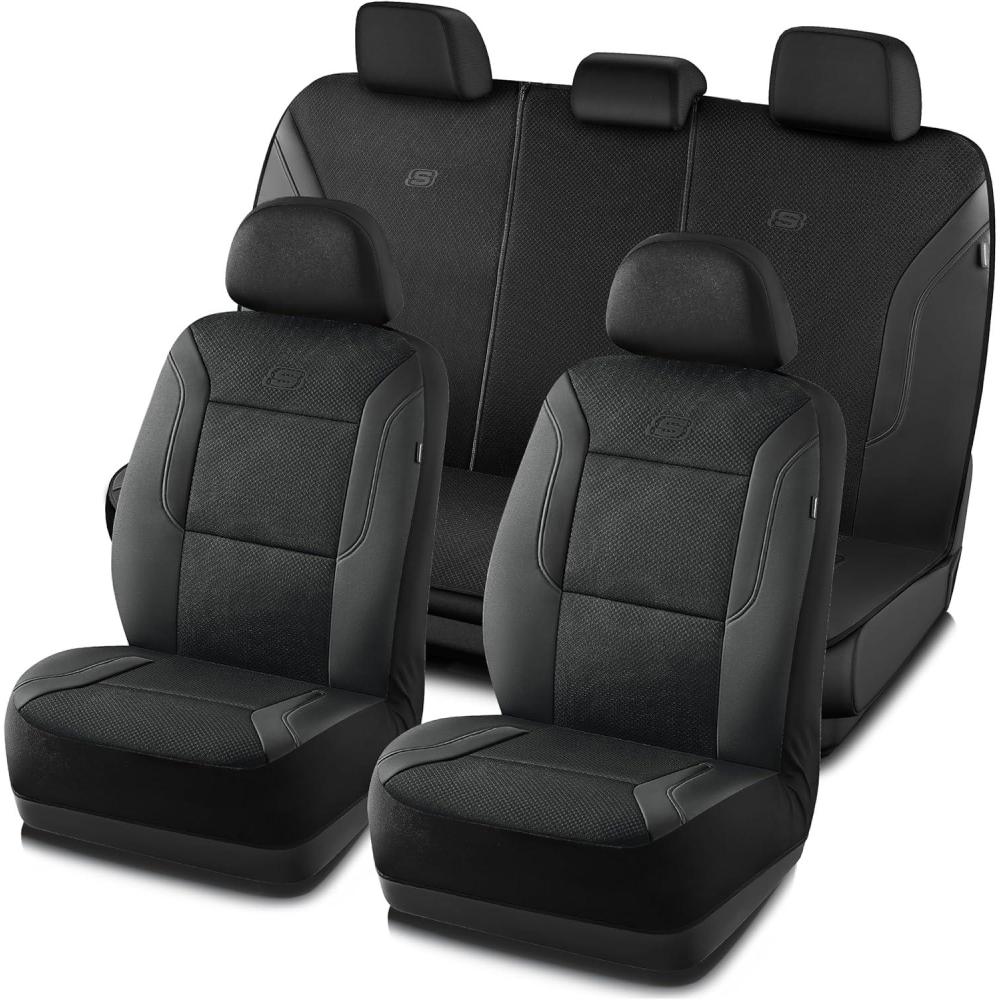 imageSkechers Memory Foam Car Seat Covers Air Cool Mesh Thick Seat Covers Car Seat Cover Full Sets Airbag Compatible Automotive Comfort Protection for Most CarsVansTrucks SUVsBlueBlack Black
