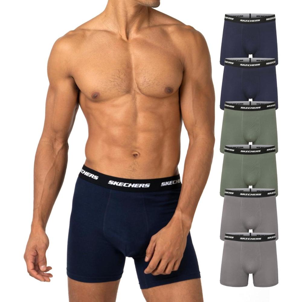 imageSkechers Mens Tagless Boxer Briefs 6Pack Calzoncillos Ajustados Moisture Wicking Underwear With Contoured PouchBlueGreyGreen