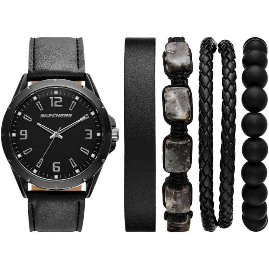 imageSkechers Mens Watch and Stackable Bracelet or Interchangeable Band Gift SetBlack Faux LeatherBraidBead