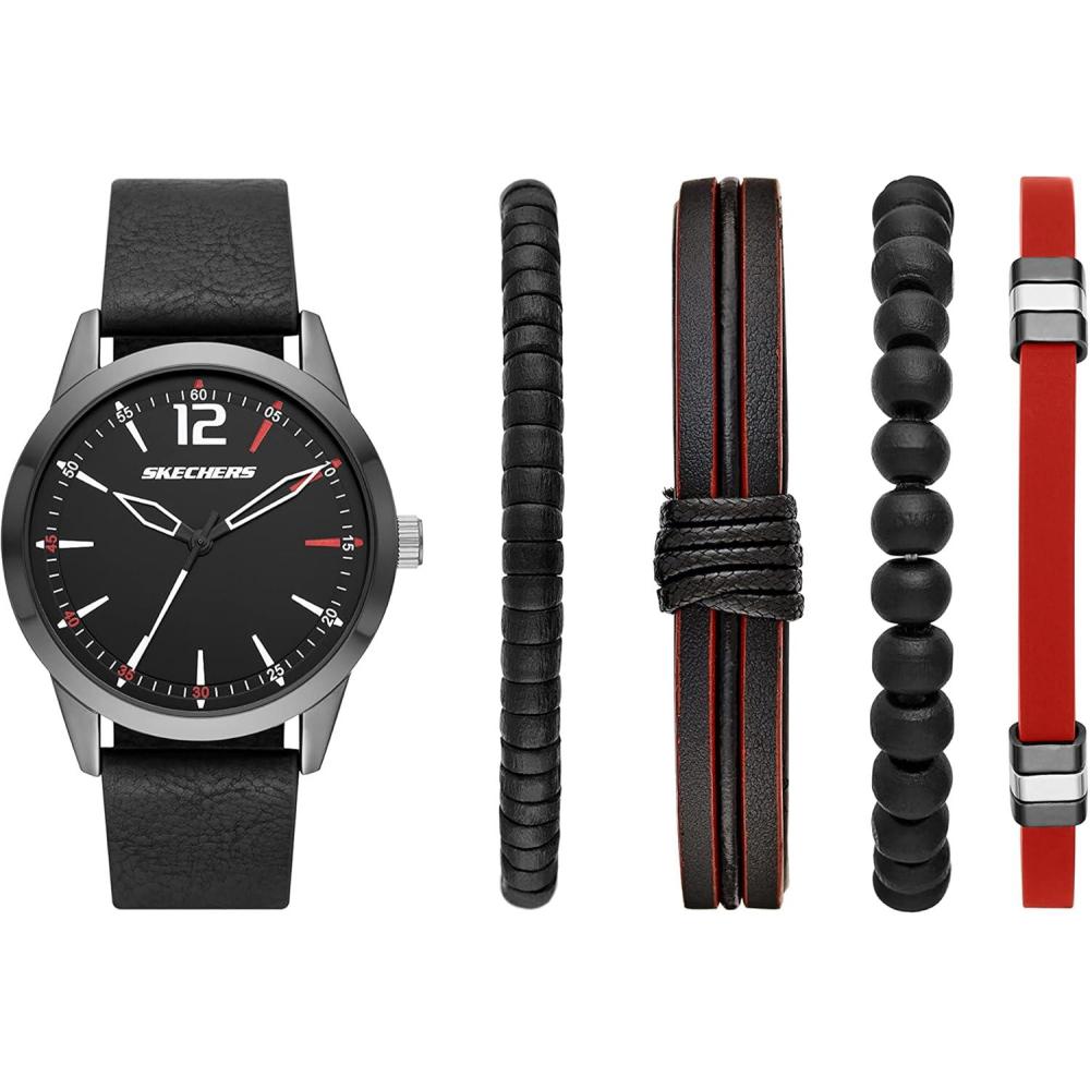 imageSkechers Mens Watch and Stackable Bracelet or Interchangeable Band Gift SetBlack Leather Set