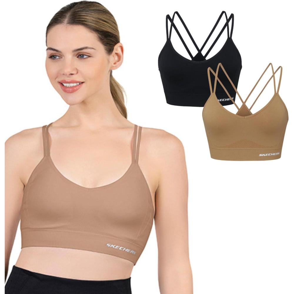 imageSkechers Womens Seamless Strappy Sports Bra 2 Pack Sostn Deportivo Comfortable Flexible Movement Fitness and YogaTanzine  Black
