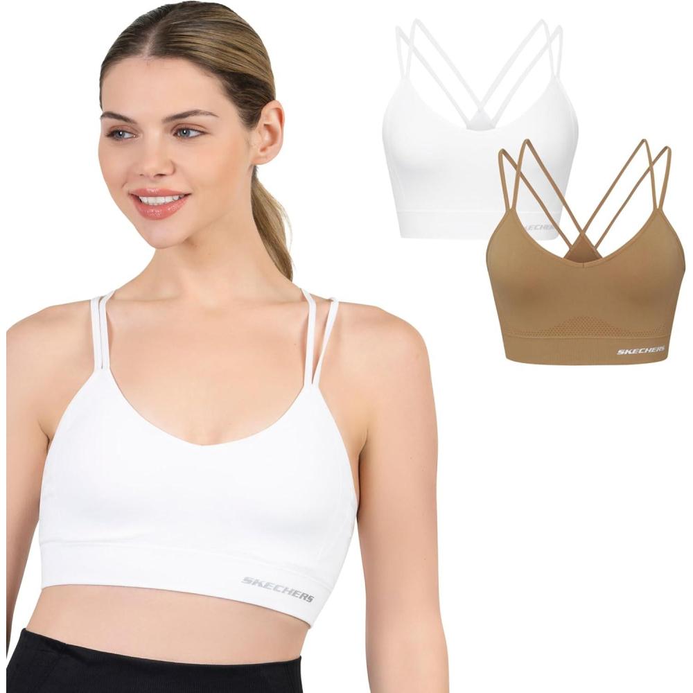 imageSkechers Womens Seamless Strappy Sports Bra 2 Pack Sostn Deportivo Comfortable Flexible Movement Fitness and YogaTanzine  White