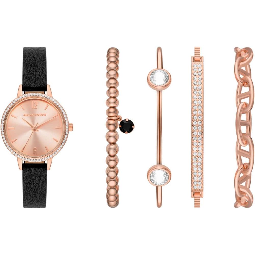 imageSkechers Womens Watch and Stackable Bracelet Gift SetBlackRose Gold Pearl