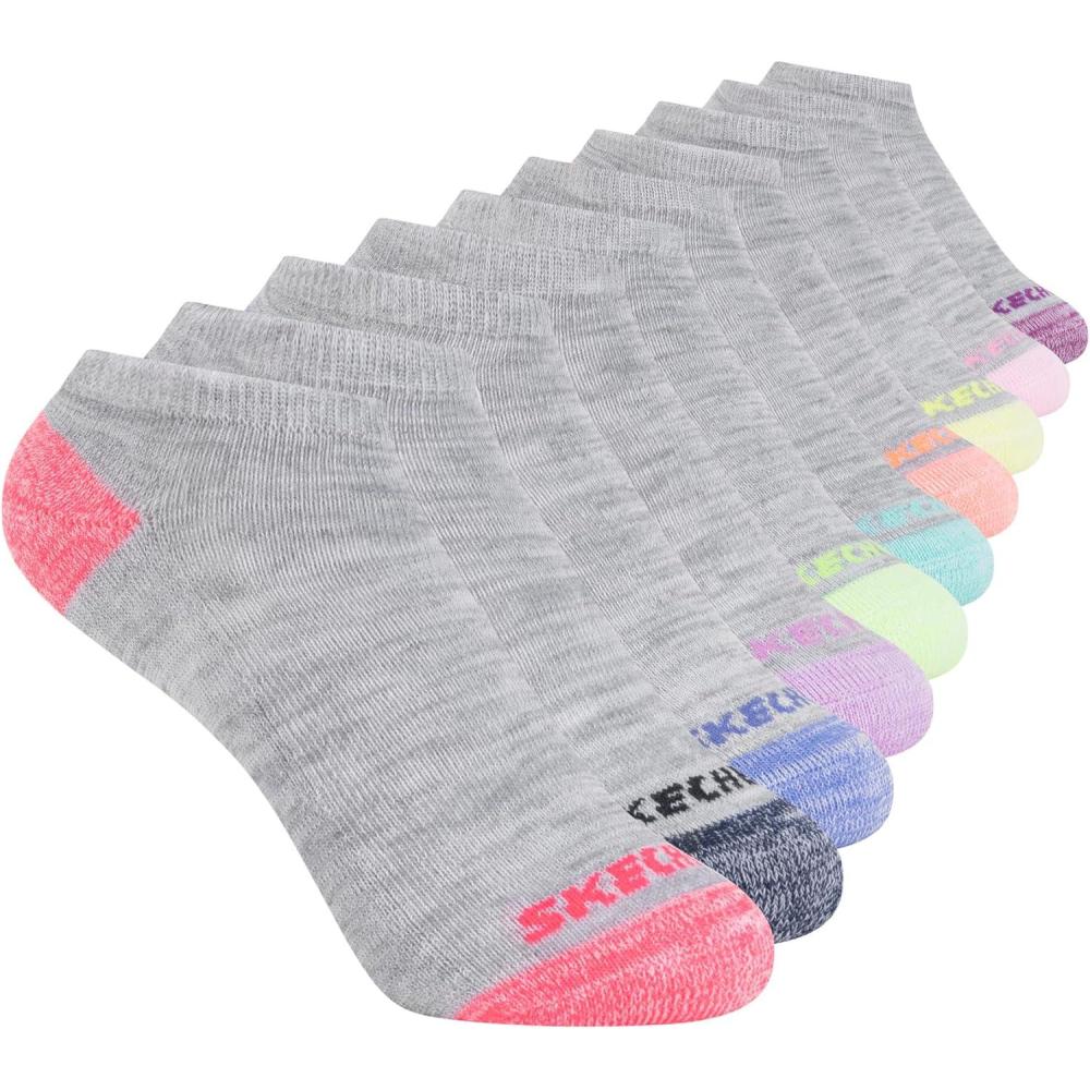 imageSkechers Girls 10Pack Performance No Show Socks Everyday Wear for Kids Soft ampamp ComfortfitLight Grey Heather Multicolor