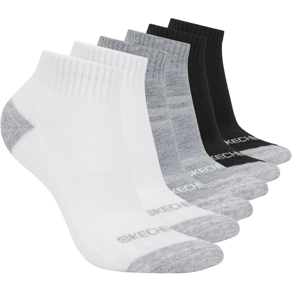 imageSkechers Womens 6Pack Performance Quarter Crew Socks Breathable ampamp Cushioned FootbedWhiteLight Grey HeatherBlack