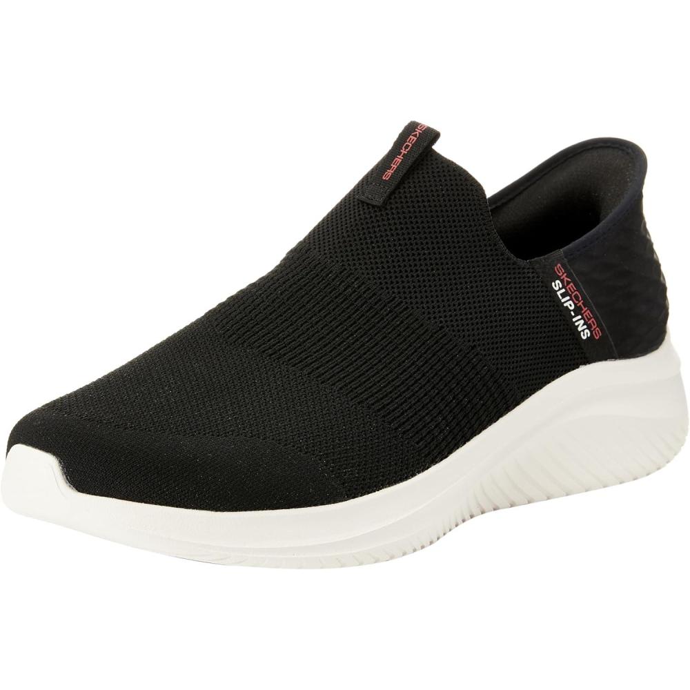 imageSkechers Mens Ultra Flex 30 Smooth Step Hands Free SlipinsBlack Knit Red Trim